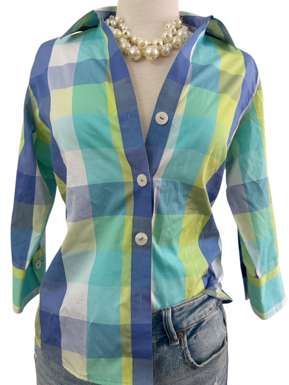 FOXCROFT- wrinkle, free Blue and Green Plaid 3/4 Sleeve Women’s Blouse
